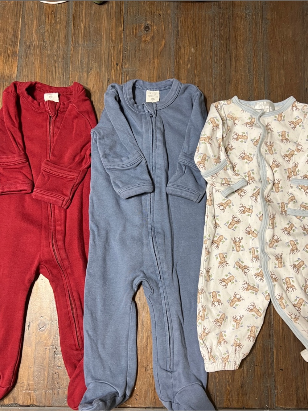 Bundle Of Three Baby Zipper Footed Sleepers - Red, Blue, And Deer Print